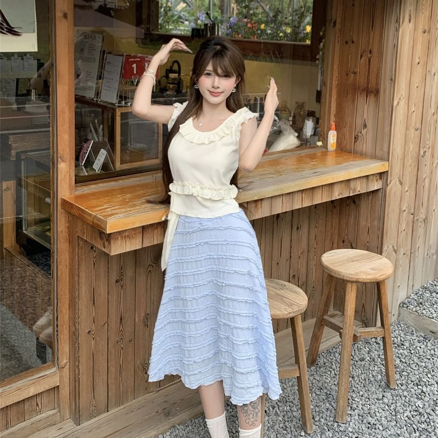 Frill-Trim Crew-Neck Tank Top with High-Waist Lace Midi Flared Skirt