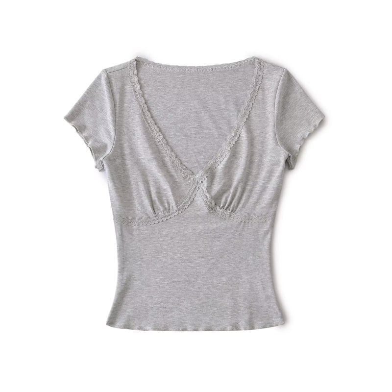 V-Neck Short Sleeve Lace Trim Tee