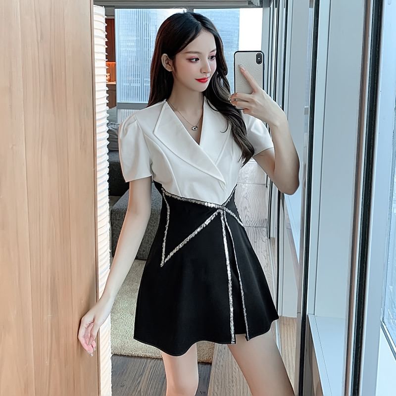 Lapel Collar Blouse + High Waist Sequin Contrast Skort Set
