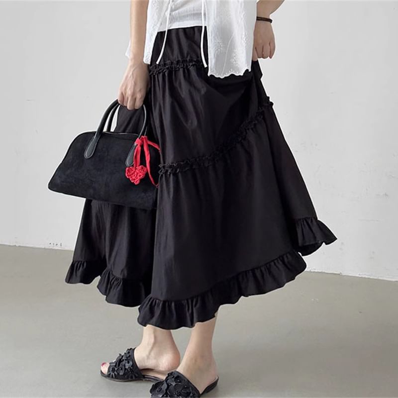High-Rise Ruffled Layered Midi A-Line Skirt