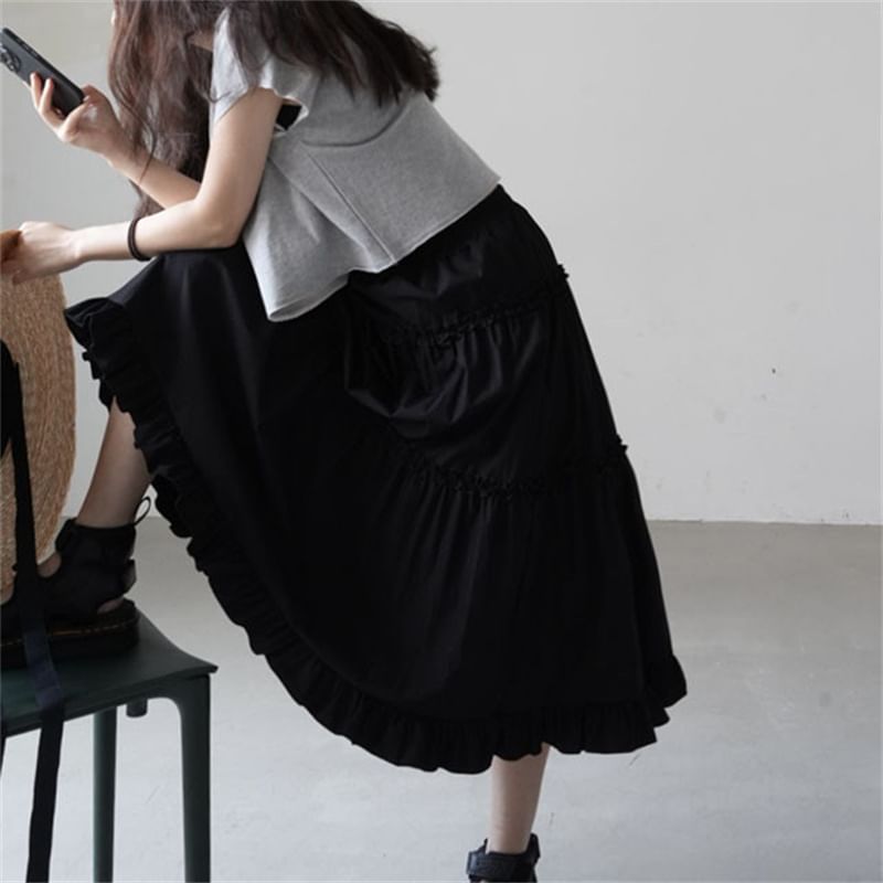 High-Rise Ruffled Layered Midi A-Line Skirt
