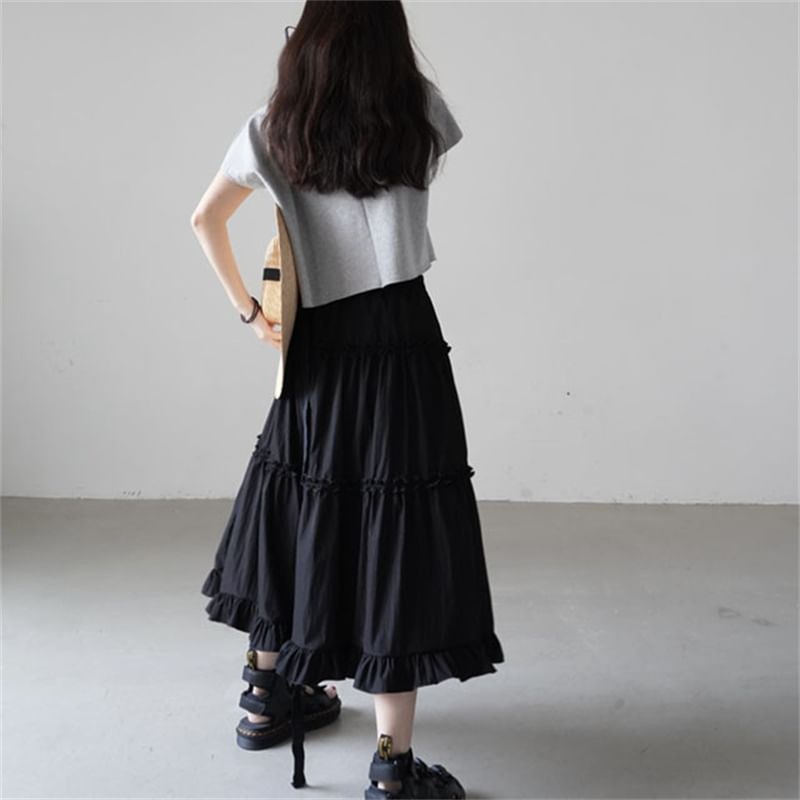 High-Rise Ruffled Layered Midi A-Line Skirt