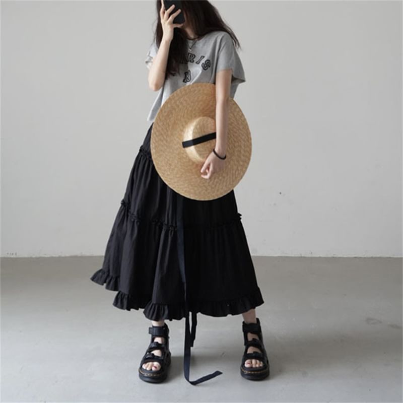 High-Rise Ruffled Layered Midi A-Line Skirt