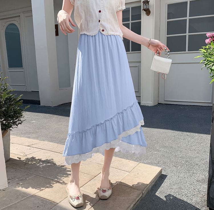 Elastic-Waist Lace-Panel Asymmetric Midi Flared Skirt