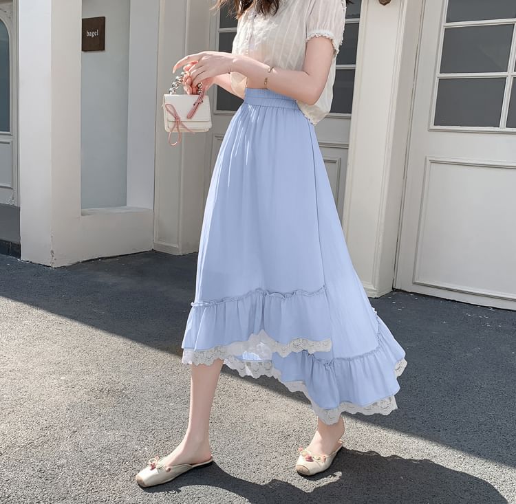 Elastic-Waist Lace-Panel Asymmetric Midi Flared Skirt