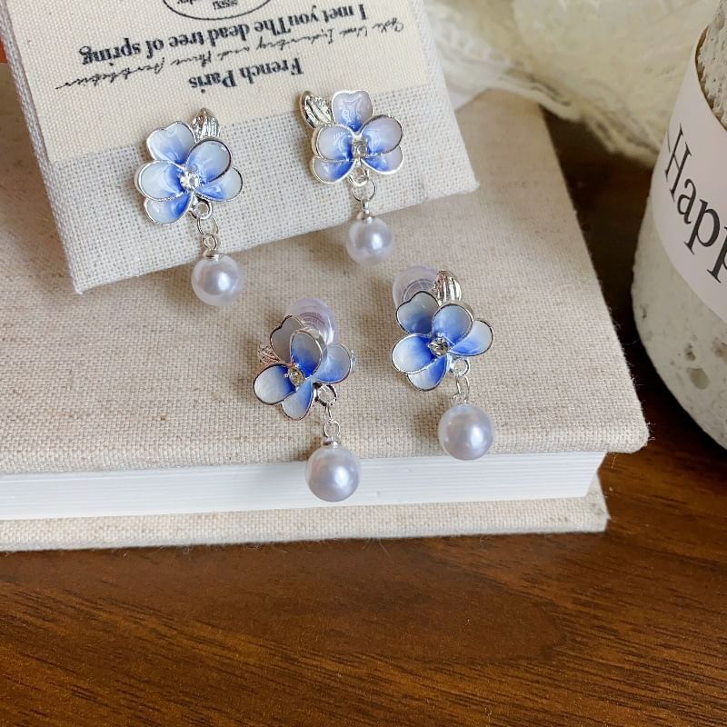 Clip / Earring Faux Pearl Drop Flower On