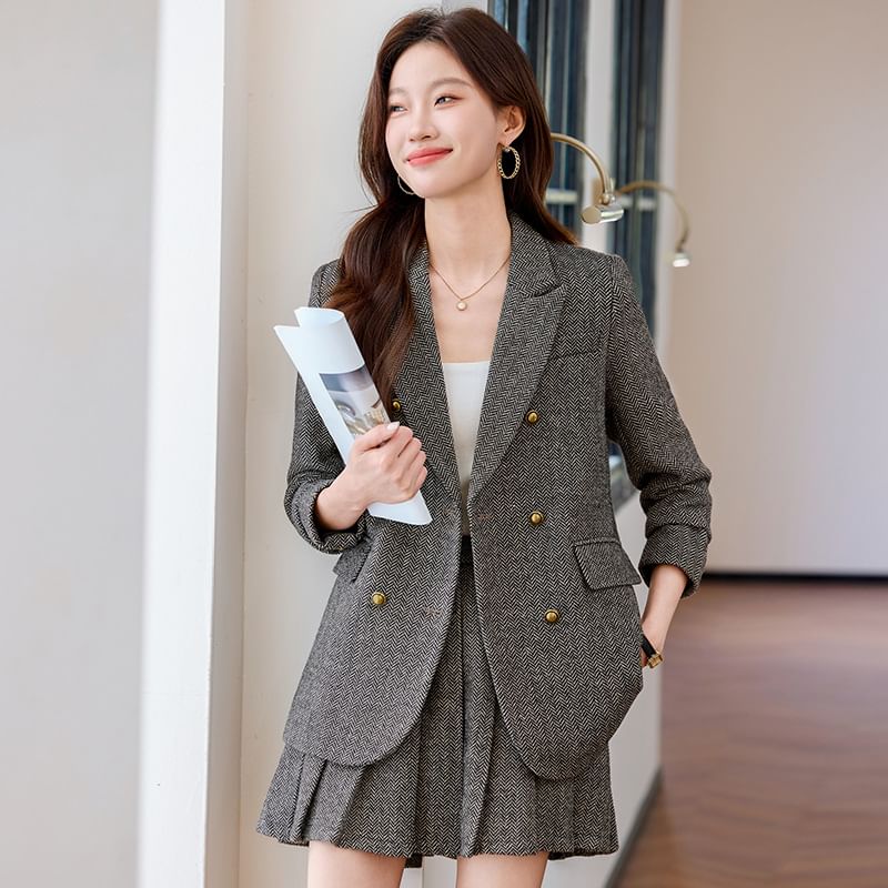 Herringbone Double-Breasted Blazer & Pleated Mini Skirt Set