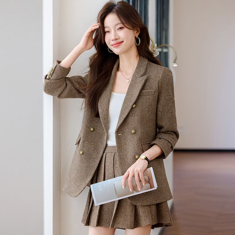 Herringbone Double-Breasted Blazer & Pleated Mini Skirt Set