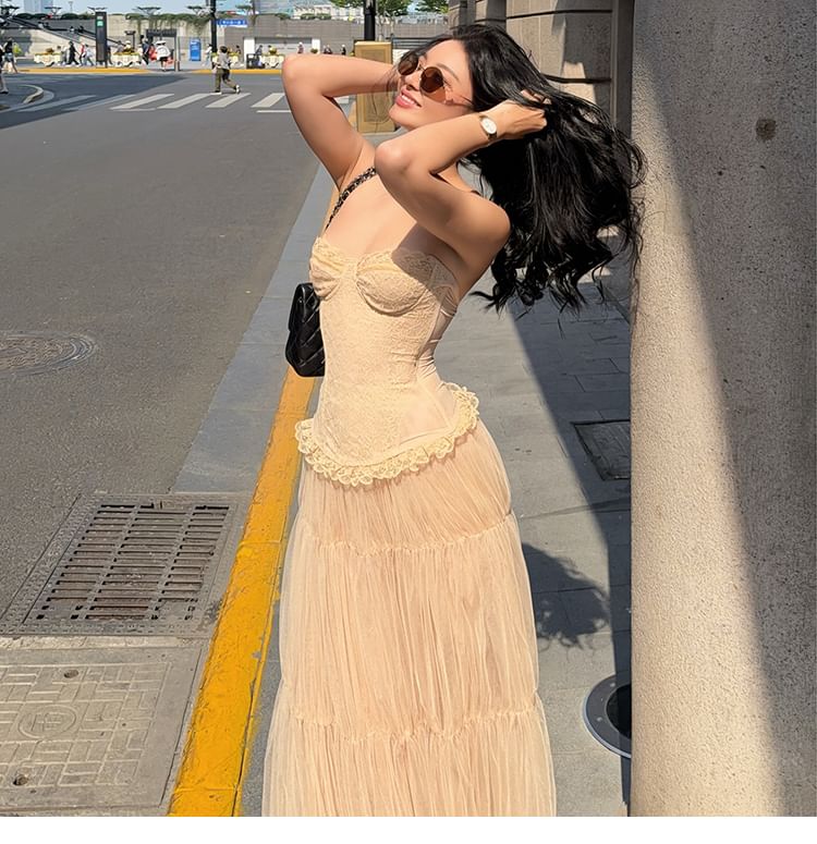 Lace Tube Top & Ruched Mesh Maxi Skirt Set