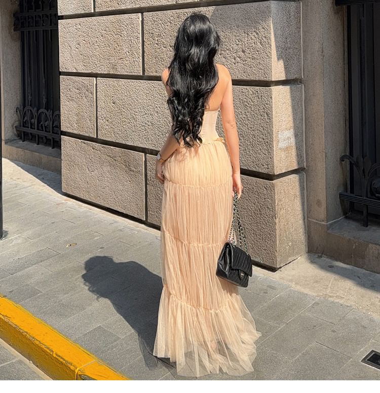 Lace Tube Top & Ruched Mesh Maxi Skirt Set