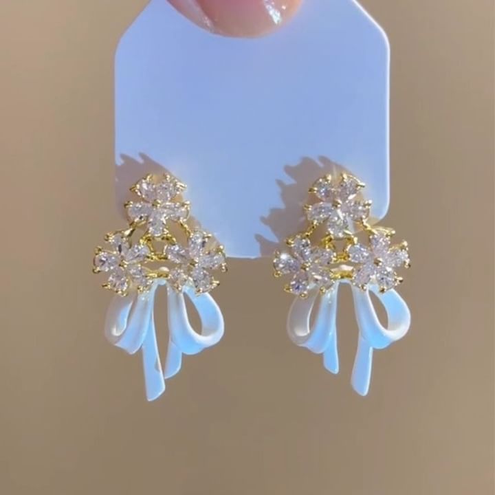 Alloy Bow Earring Floral Chandelier Rhinestone