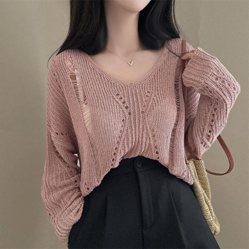 V-Neck Long-Sleeve Ribbed Knit Pullover Sweater