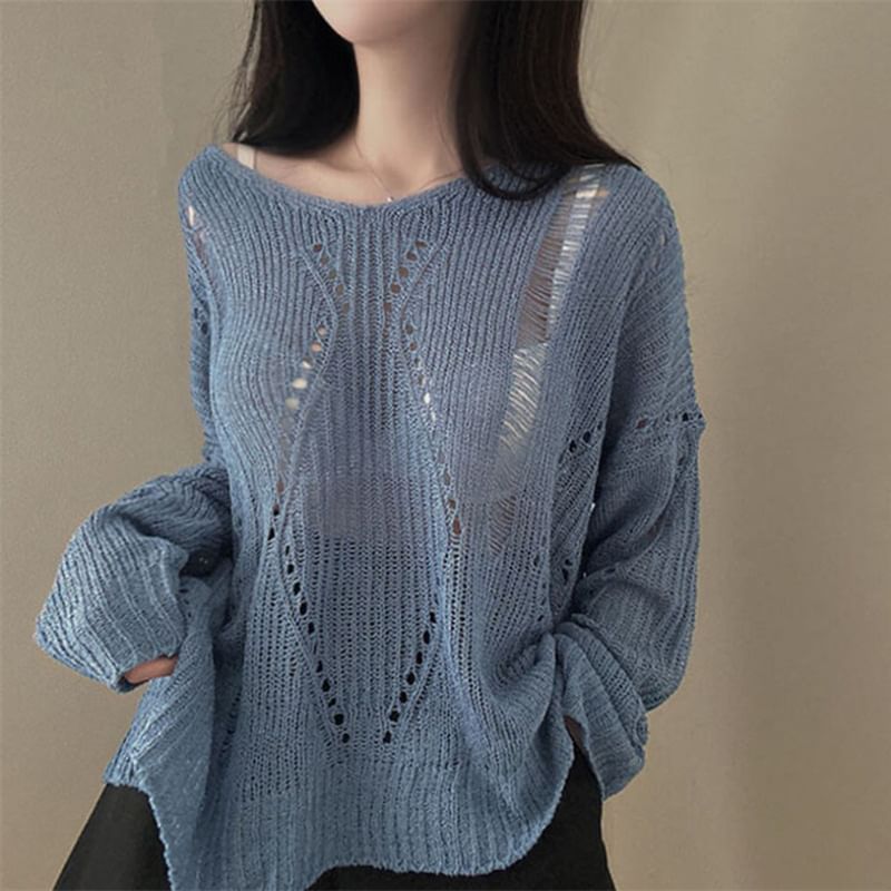 V-Neck Long-Sleeve Ribbed Knit Pullover Sweater