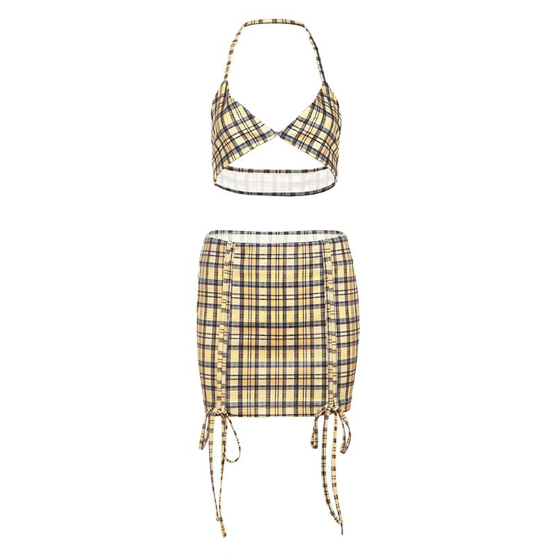 Set: Low-Rise Plaid Pencil Skirt with Bra Top and Short-Sleeve Crop Shirt