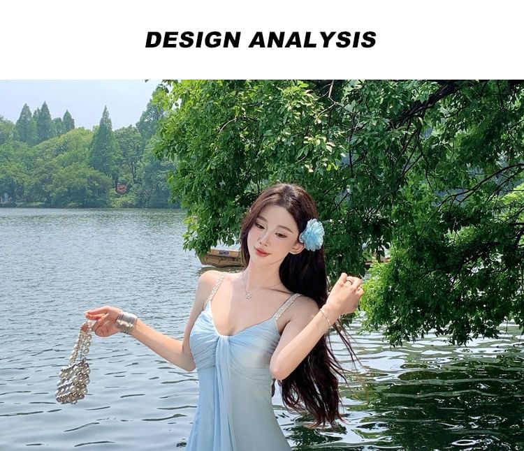Spaghetti Strap Plain Knot Rhinestone Maxi A-Line Dress