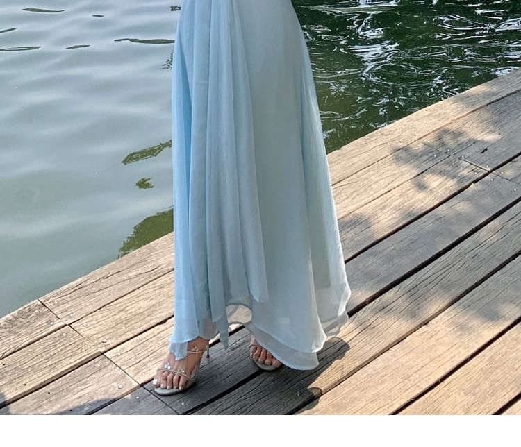 Spaghetti Strap Plain Knot Rhinestone Maxi A-Line Dress