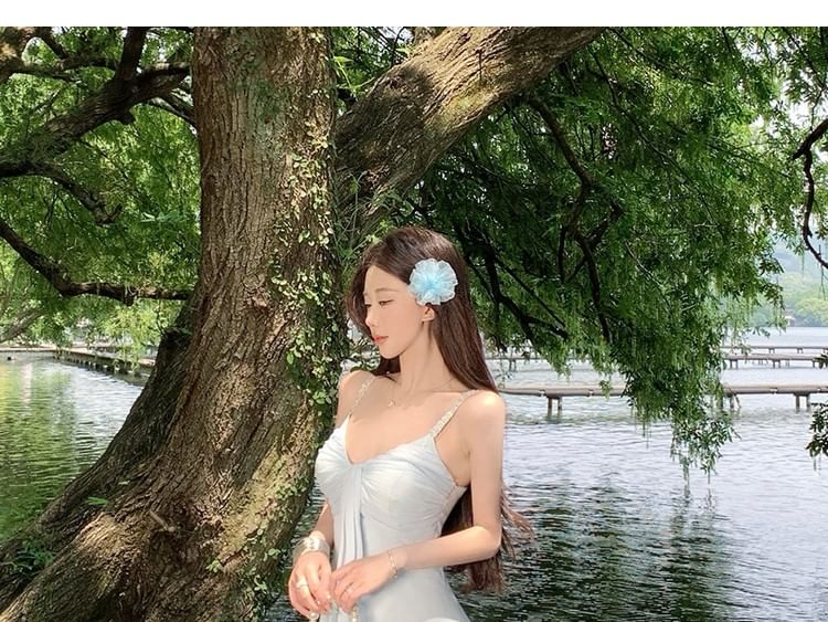 Spaghetti Strap Plain Knot Rhinestone Maxi A-Line Dress