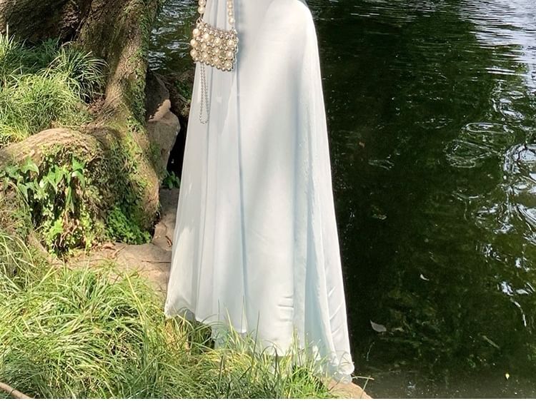 Spaghetti Strap Plain Knot Rhinestone Maxi A-Line Dress