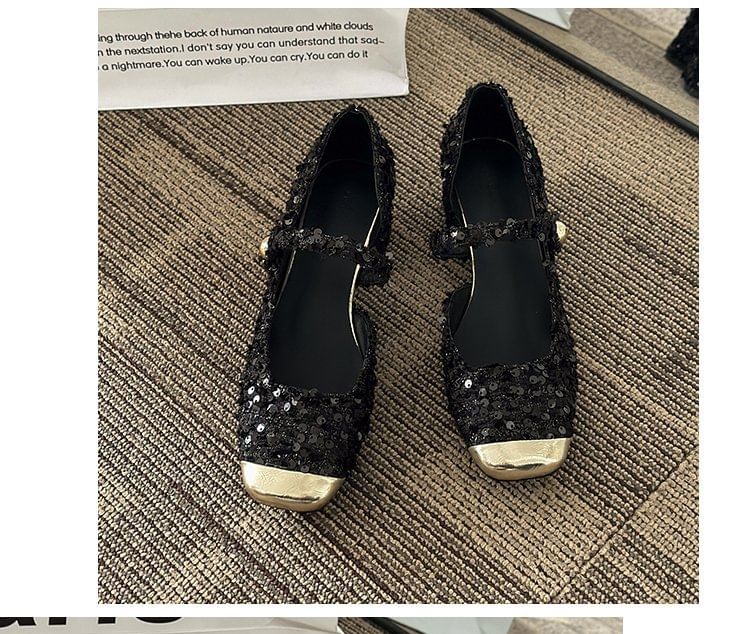 Tweed Toe Sequin Heel Mary Square Block Jane Pumps