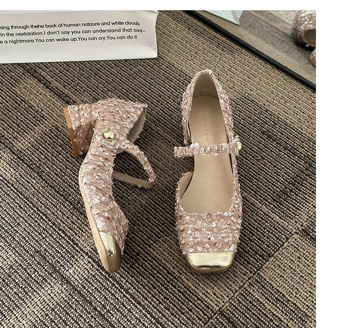 Tweed Toe Sequin Heel Mary Square Block Jane Pumps