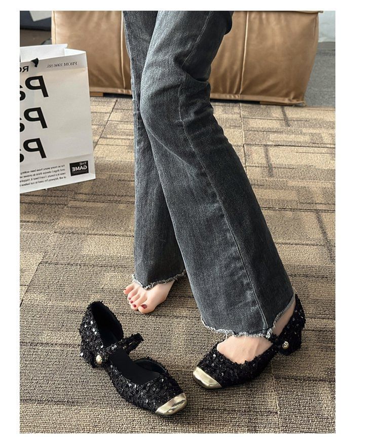 Tweed Toe Sequin Heel Mary Square Block Jane Pumps