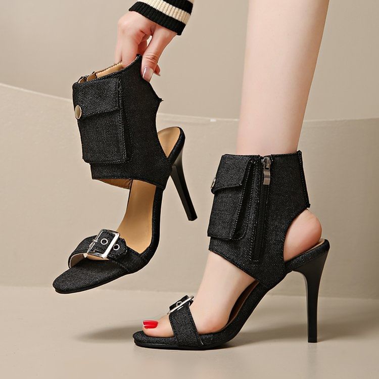 Denim High Boot Sandals Heel Buckled