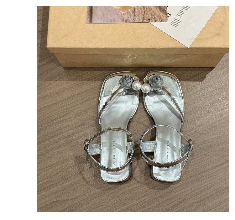 Faux Heel Sandals Pearl Flower Block