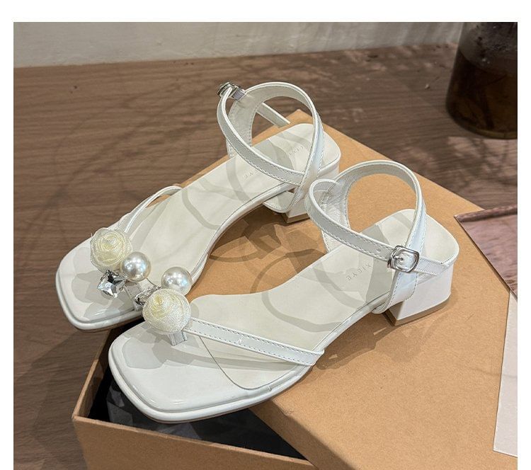 Faux Heel Sandals Pearl Flower Block