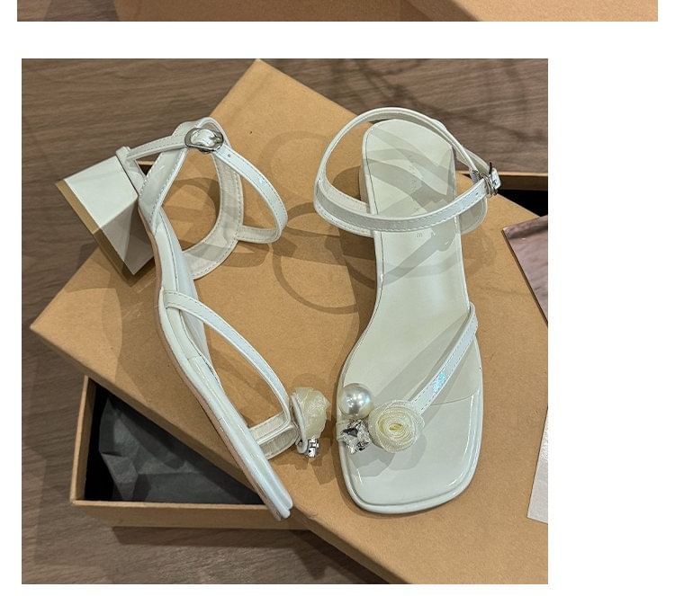 Faux Heel Sandals Pearl Flower Block