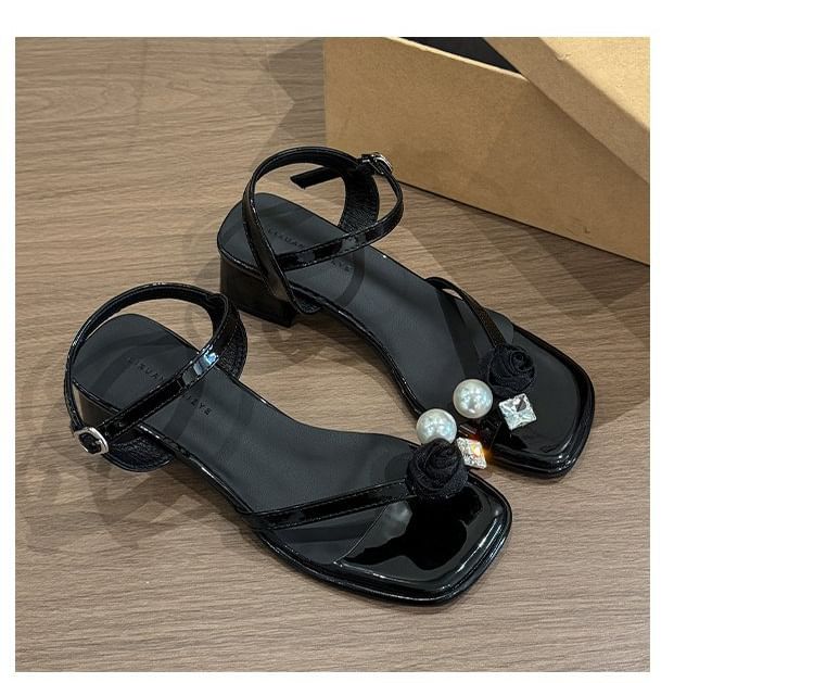 Faux Heel Sandals Pearl Flower Block