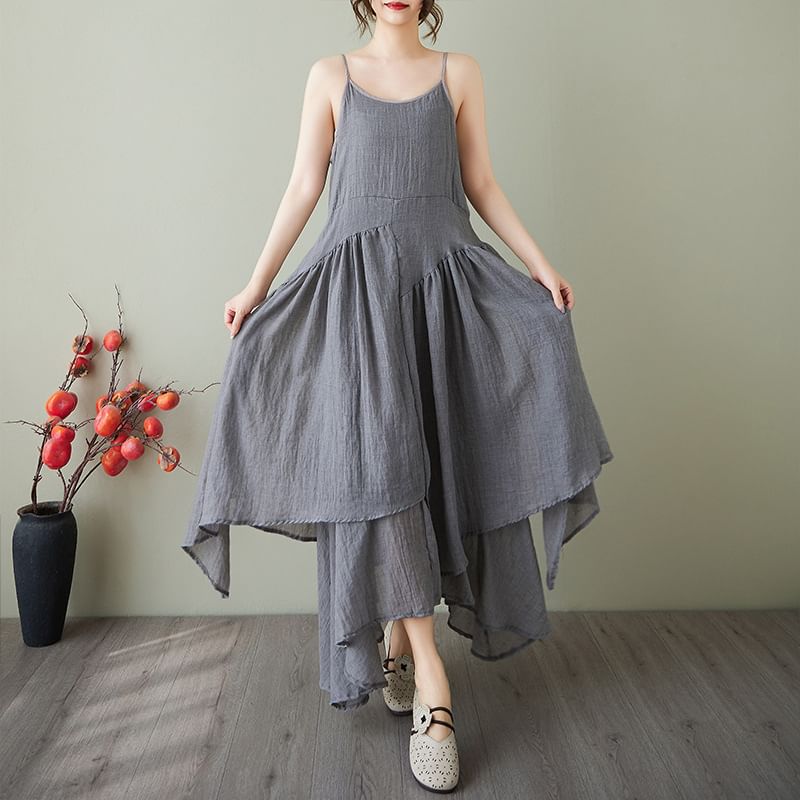 Spaghetti Strap Plain Asymmetrical Plain Midi A-Line Layered Dress