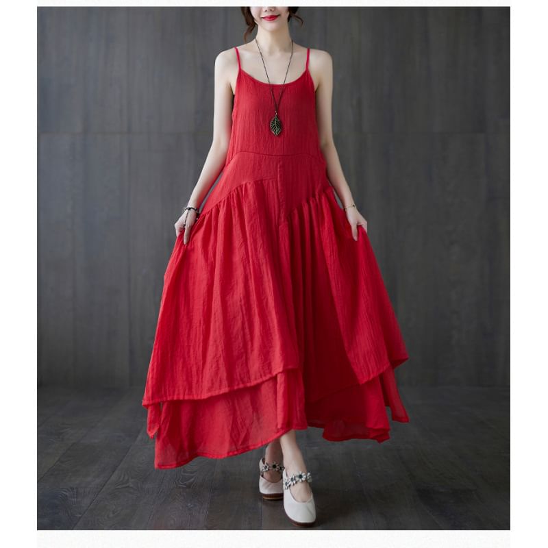 Spaghetti Strap Plain Asymmetrical Plain Midi A-Line Layered Dress
