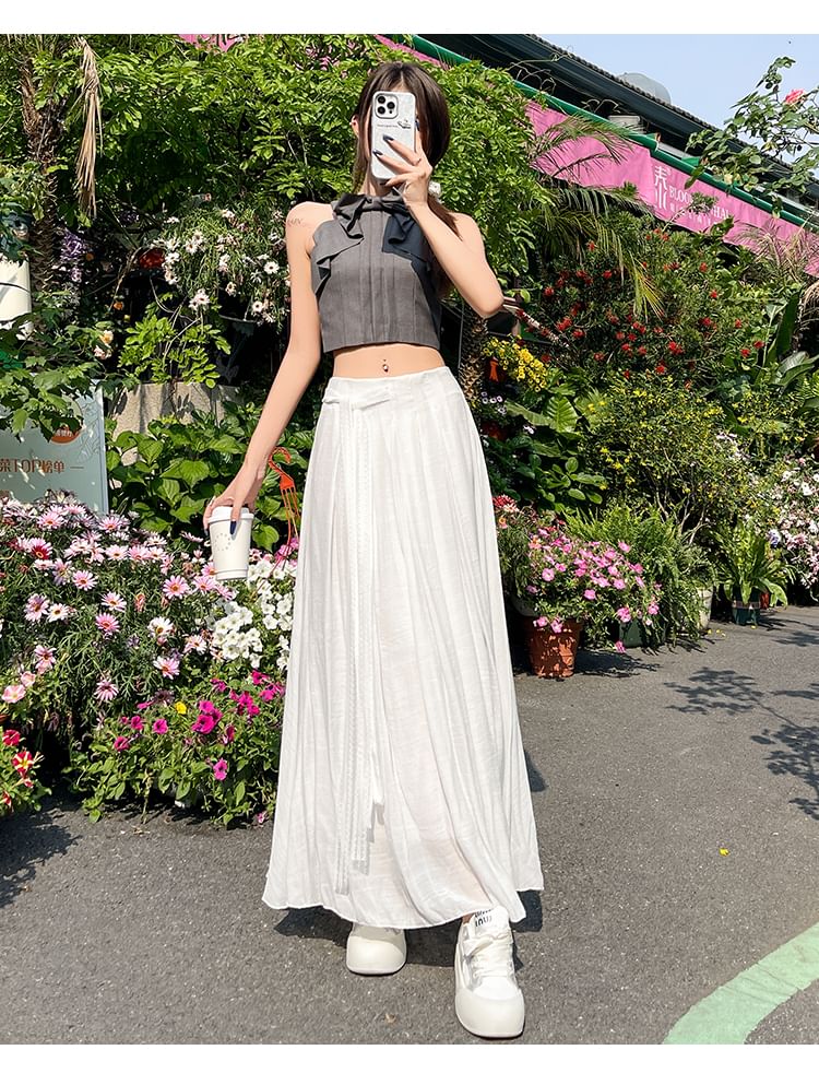 Mid-Rise Knotted Solid A-Line Midi Skirt