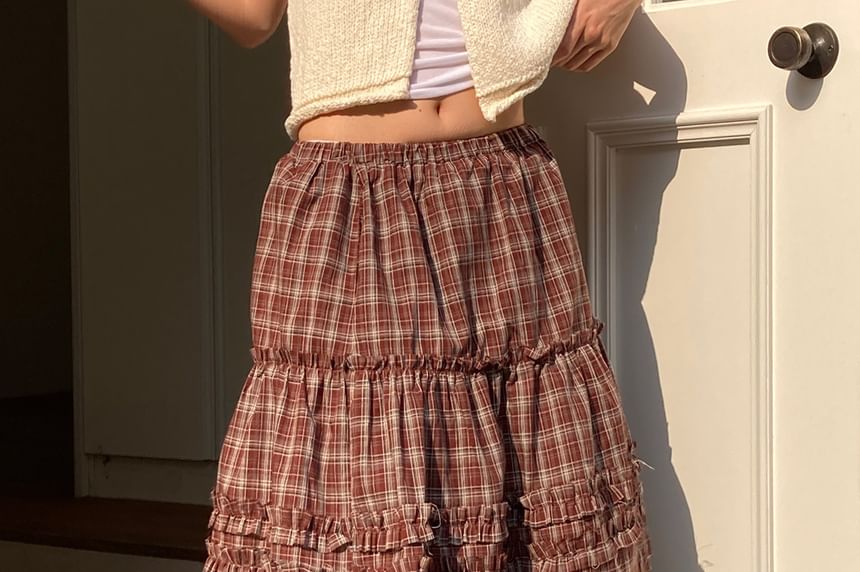 High-Rise Plaid Flared Skirt