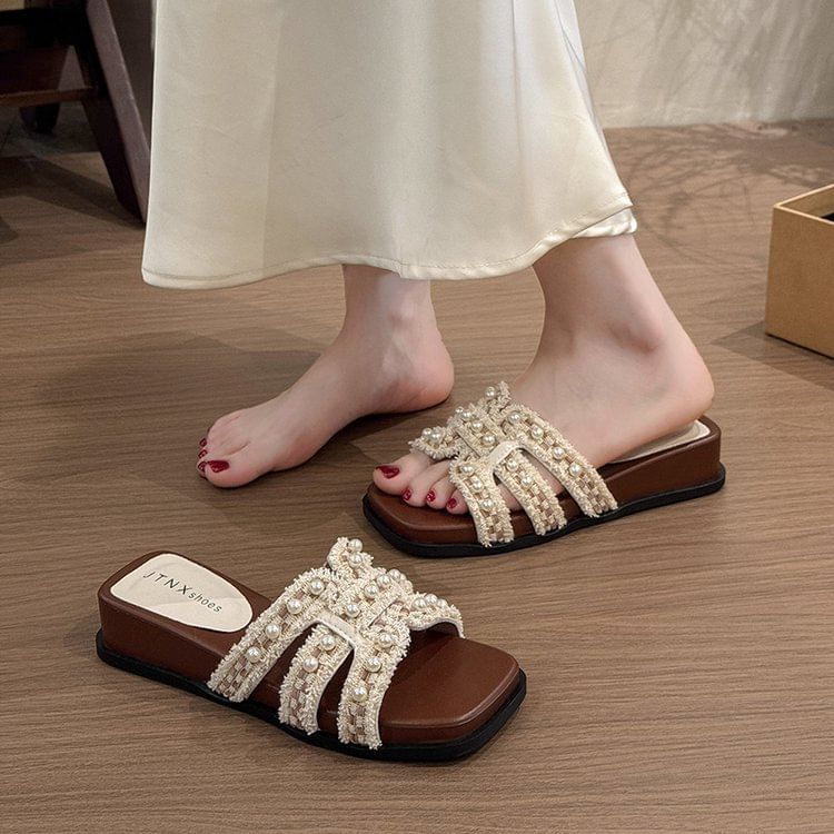 Platform Faux Pearl Slide Sandals