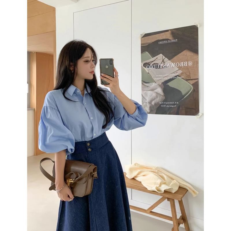 Collared Long-Sleeve Shirt with High-Waist Washed Asymmetric Midi Denim Flared Skirt