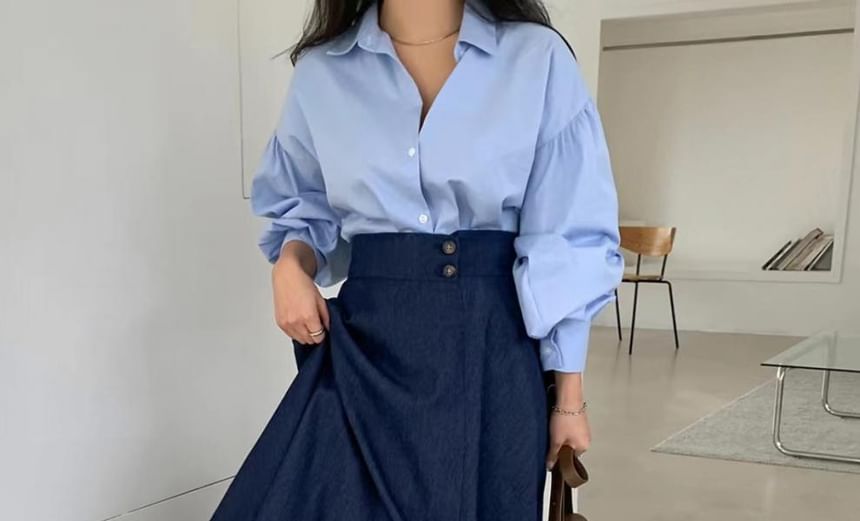 Collared Long-Sleeve Shirt with High-Waist Washed Asymmetric Midi Denim Flared Skirt