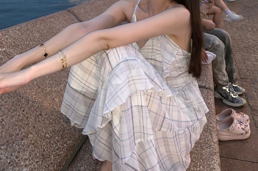 Spaghetti Strap Plaid Asymmetrical Ruffle Trim Midi A-Line Dress