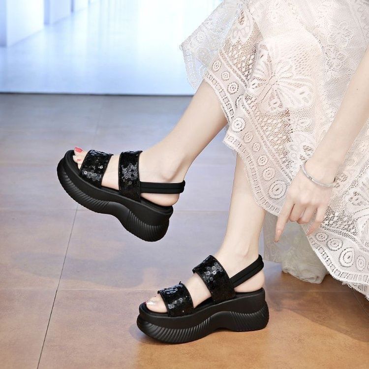 Platform Chunky Heel Sequined Sandals
