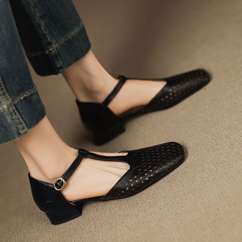Square Toe Cutout T-Strap Sandals