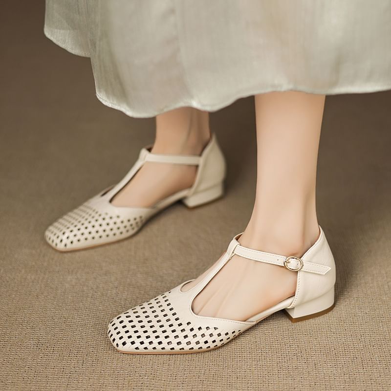 Square Toe Cutout T-Strap Sandals