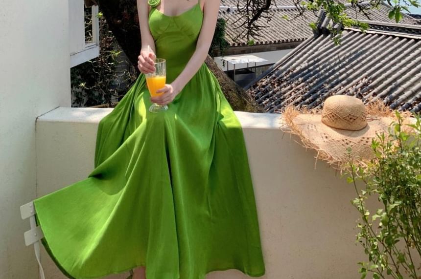 Spaghetti Strap Plain Tie Back Maxi A-Line Dress