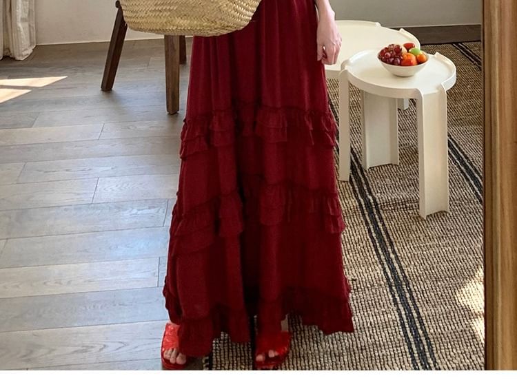 Spaghetti Strap V-Neck Plain Ruffle Tiered Maxi A-Line Dress