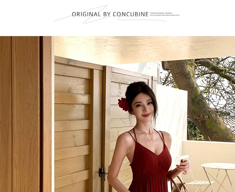 Spaghetti Strap V-Neck Plain Ruffle Tiered Maxi A-Line Dress