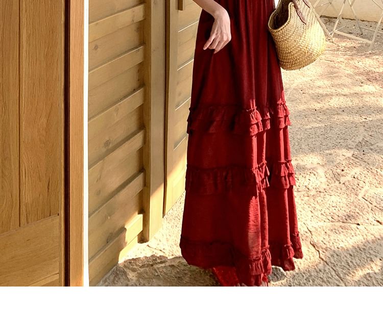 Spaghetti Strap V-Neck Plain Ruffle Tiered Maxi A-Line Dress