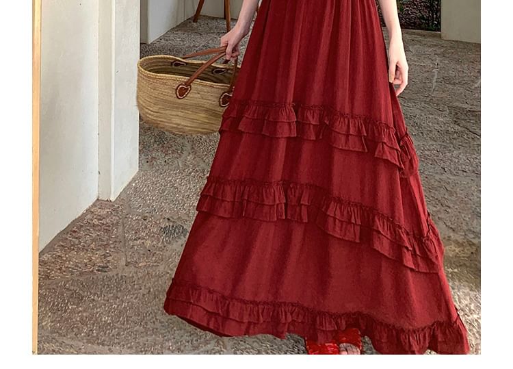 Spaghetti Strap V-Neck Plain Ruffle Tiered Maxi A-Line Dress