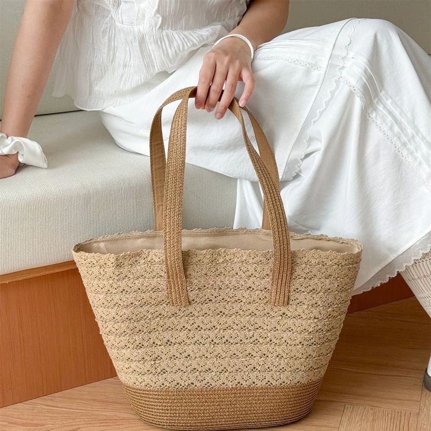 Tote Lace Straw Panel Bag