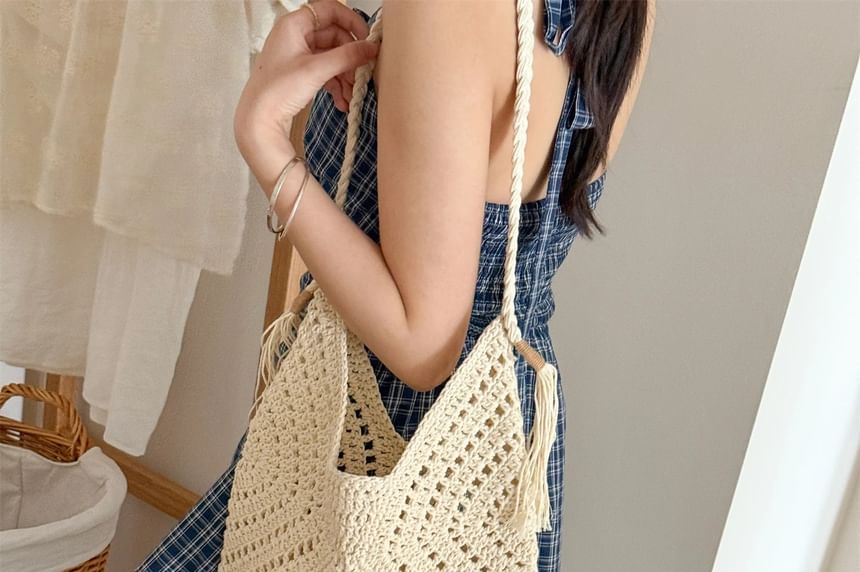 Knit Crochet Tote Bag Tassel