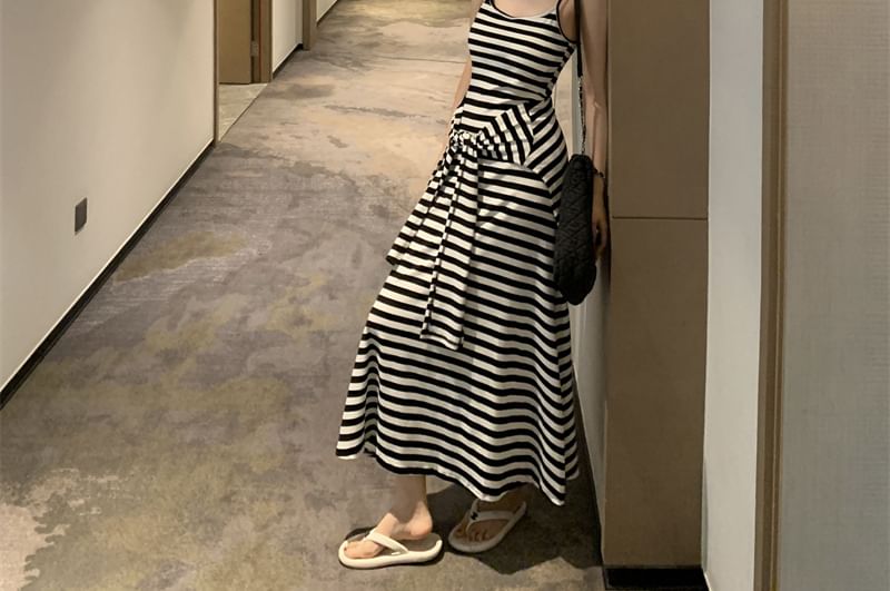 Spaghetti Strap V-Neck Striped Maxi A-Line Dress