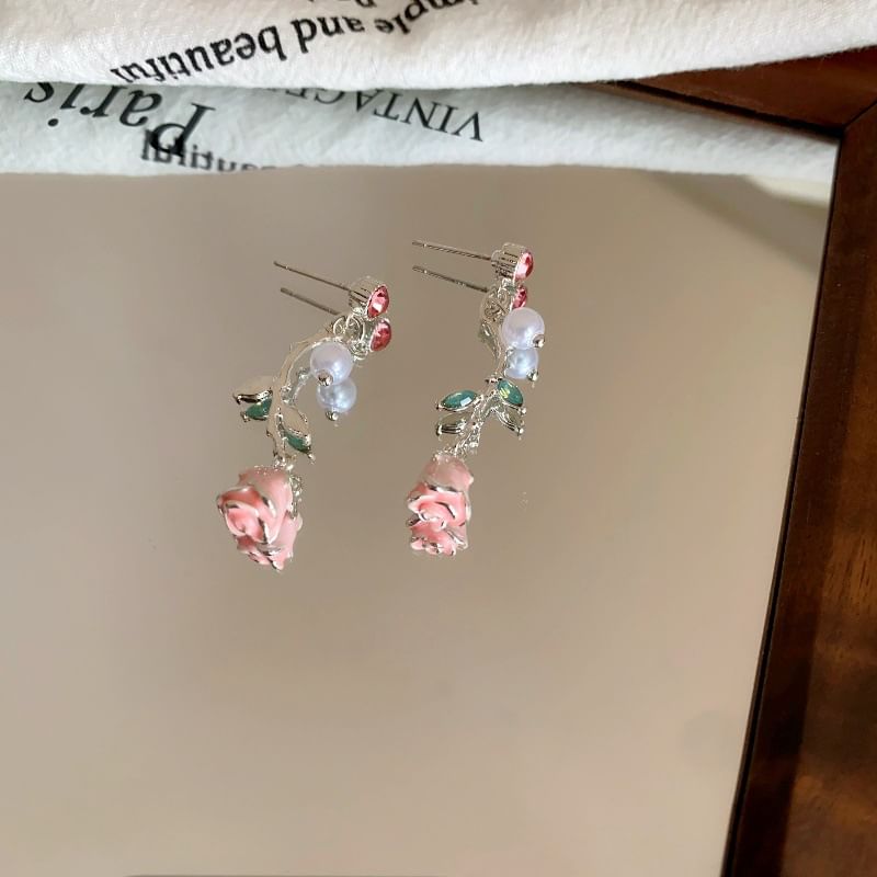 Pearl Earring Drop CZ Faux Flower